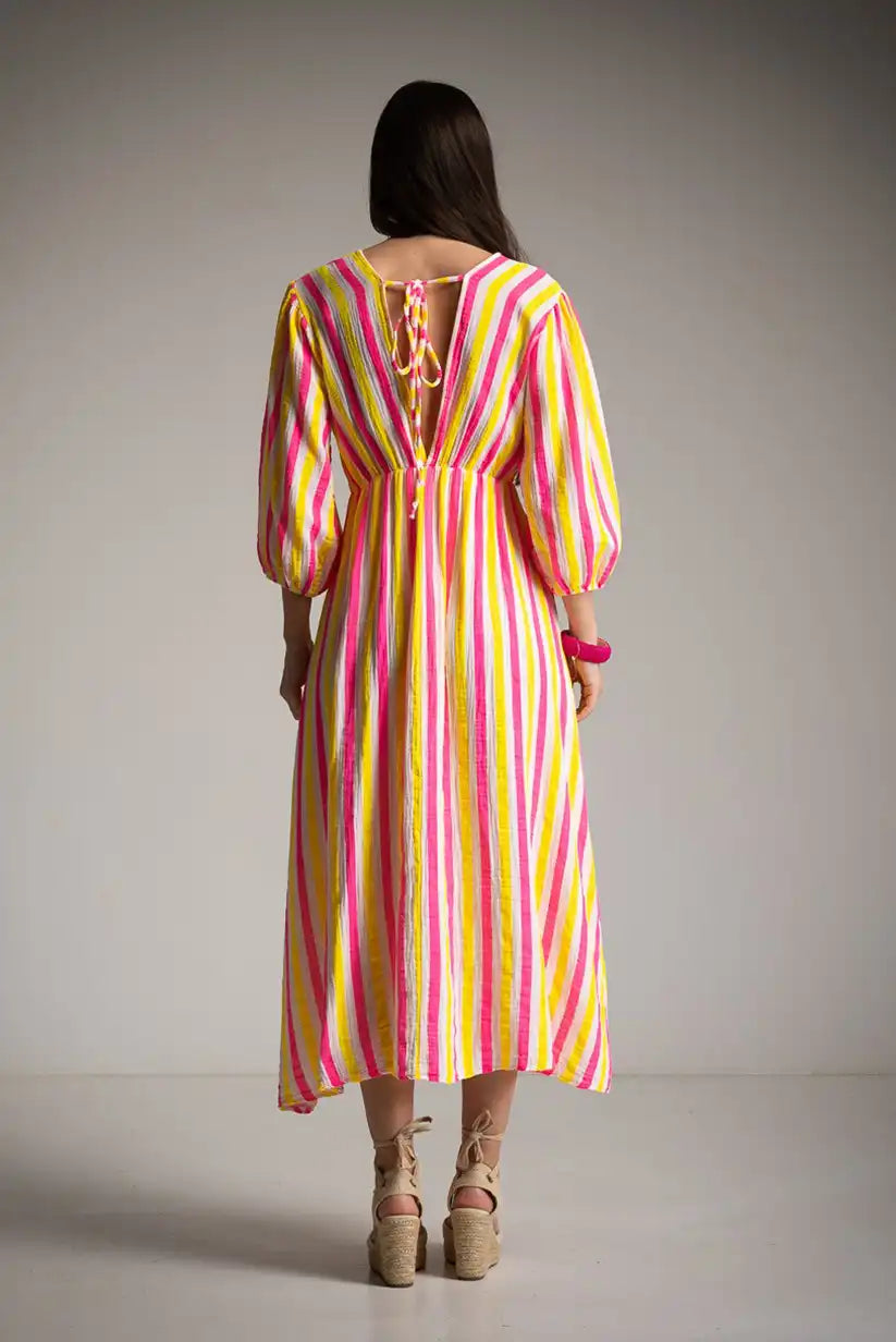 Vestido mariposa de rayas fluor rosa y amarillo - CHICA del Sur