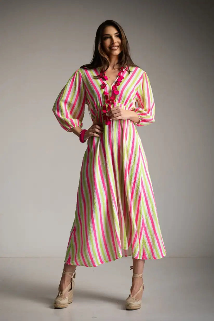 Vestido mariposa rayas fluor verde y rosa - CHICA del Sur