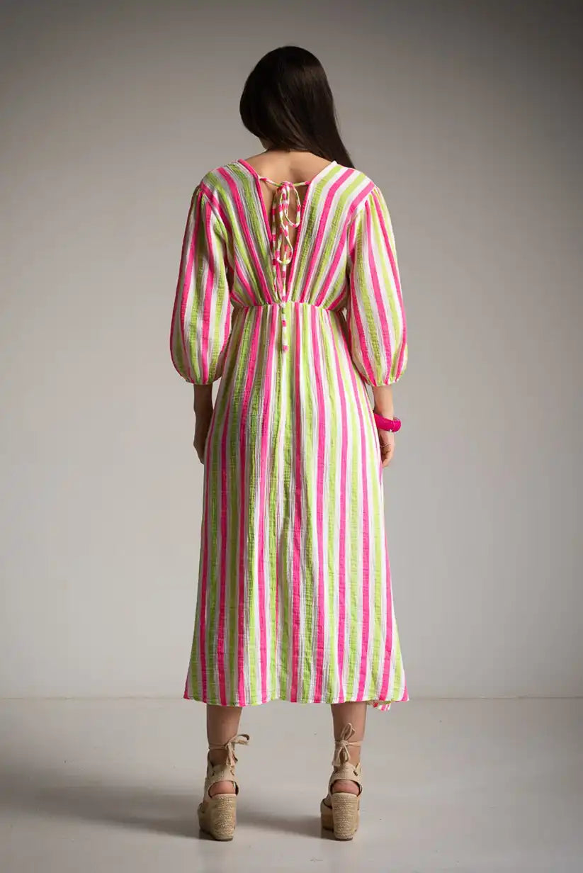 Vestido mariposa rayas fluor verde y rosa - CHICA del Sur