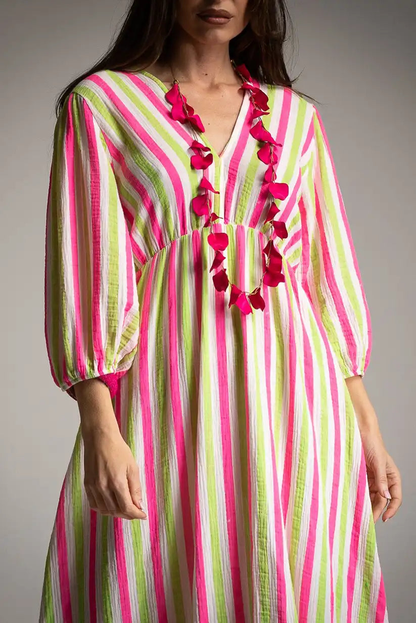 Vestido mariposa rayas fluor verde y rosa - CHICA del Sur