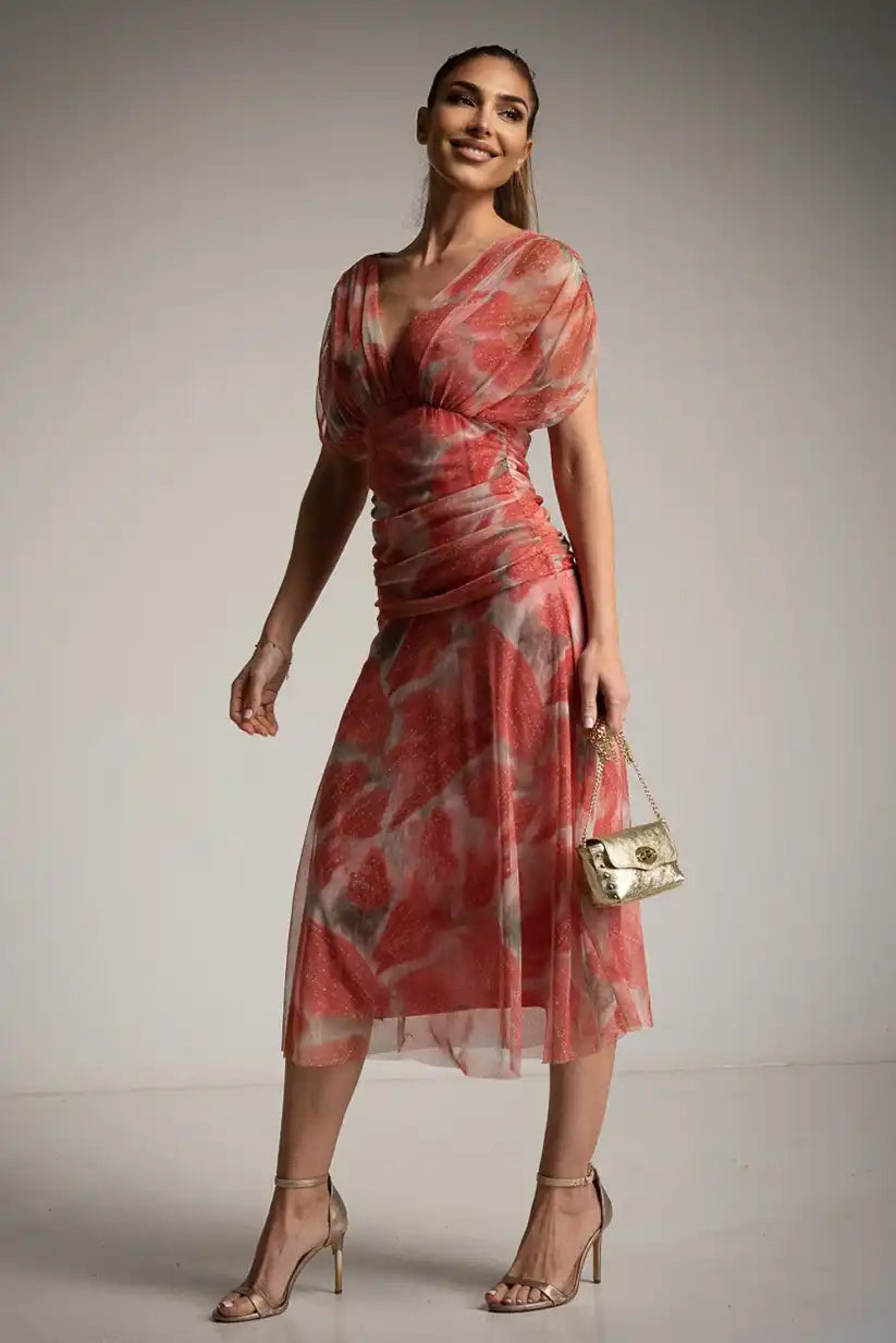 Vestido tul drapeado floral terracota | Vestido midi elegante primavera-verano mujer - CHICA del Sur