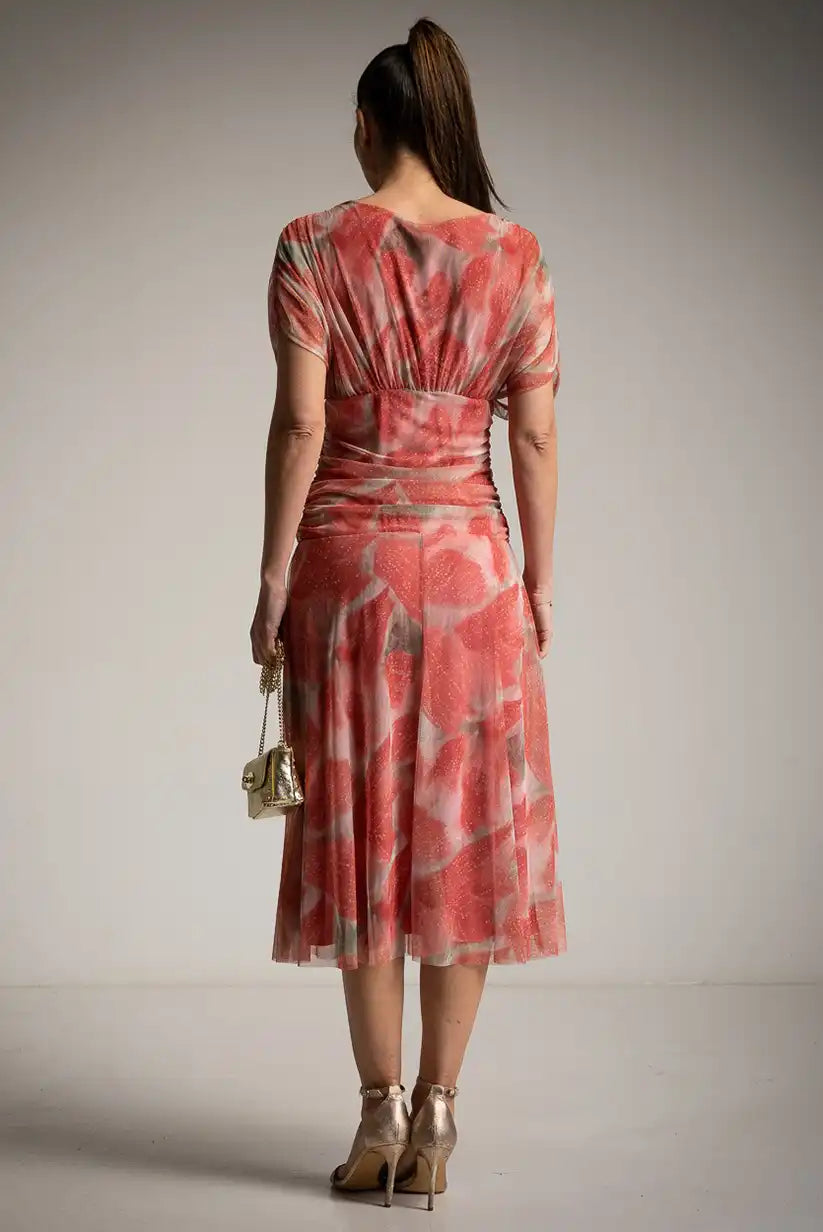 Vestido tul drapeado floral terracota | Vestido midi elegante primavera-verano mujer - CHICA del Sur
