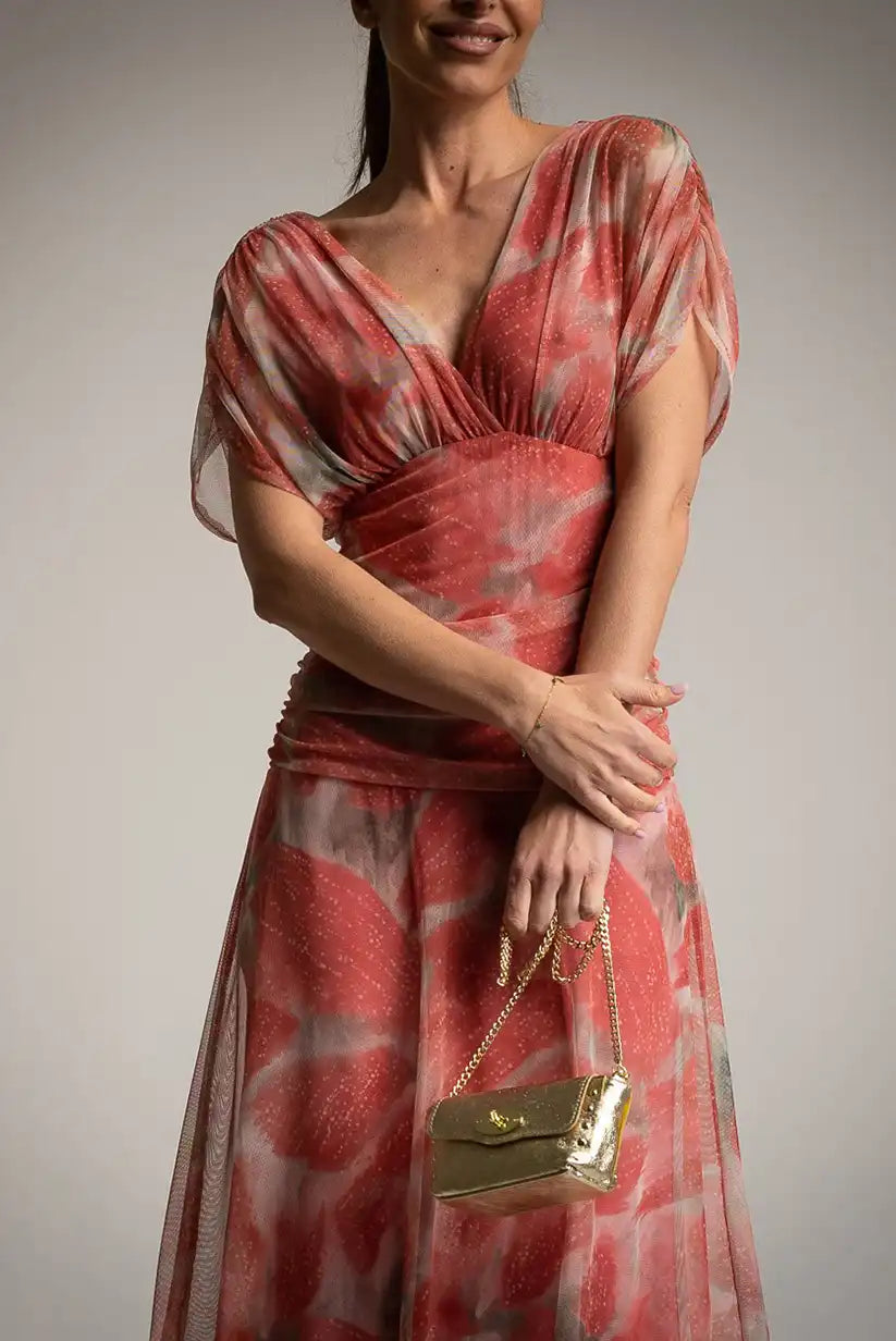 Vestido tul drapeado floral terracota | Vestido midi elegante primavera-verano mujer - CHICA del Sur