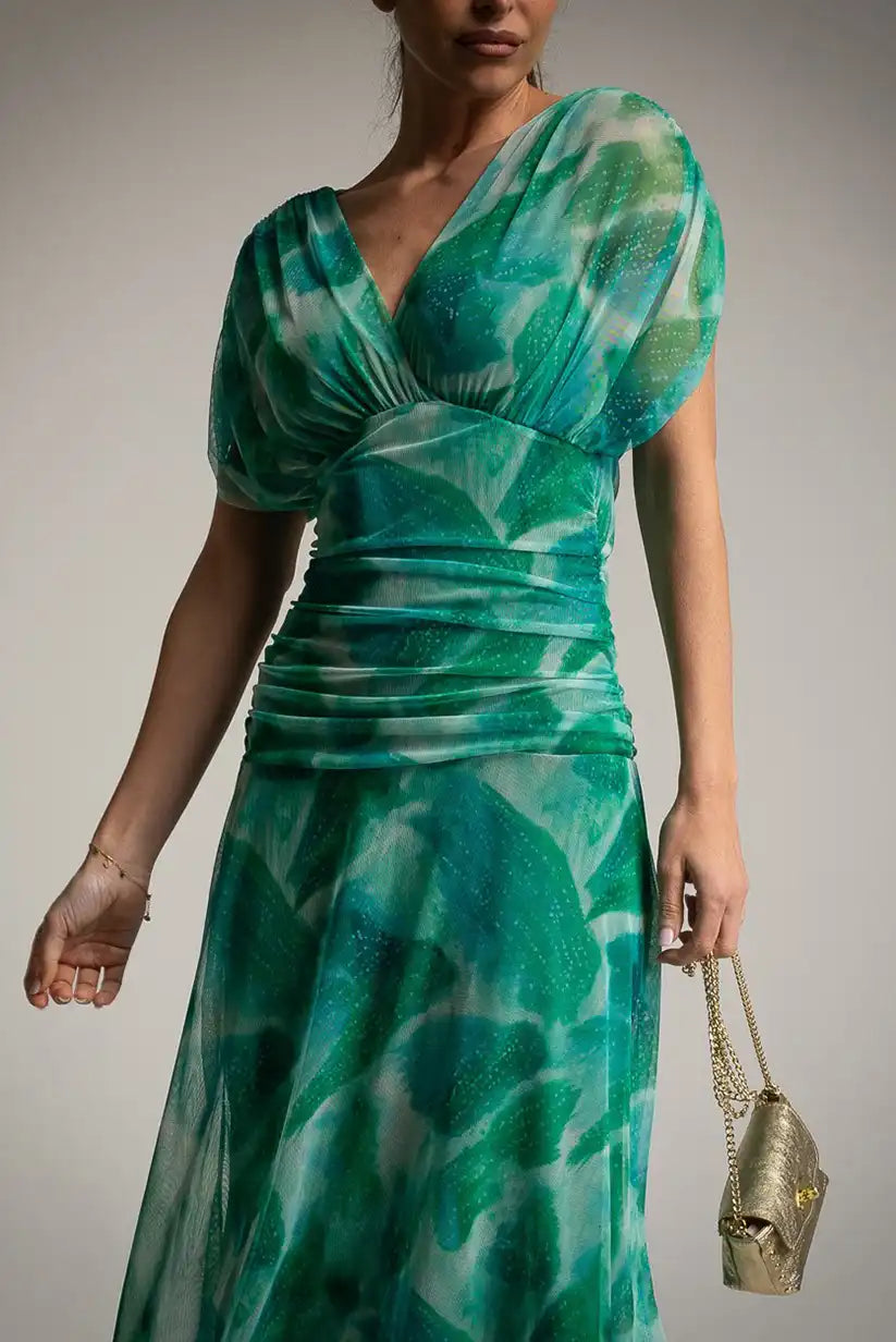 Vestido tul verde drapeado primavera verano | Estampado floral, corte midi - CHICA del Sur