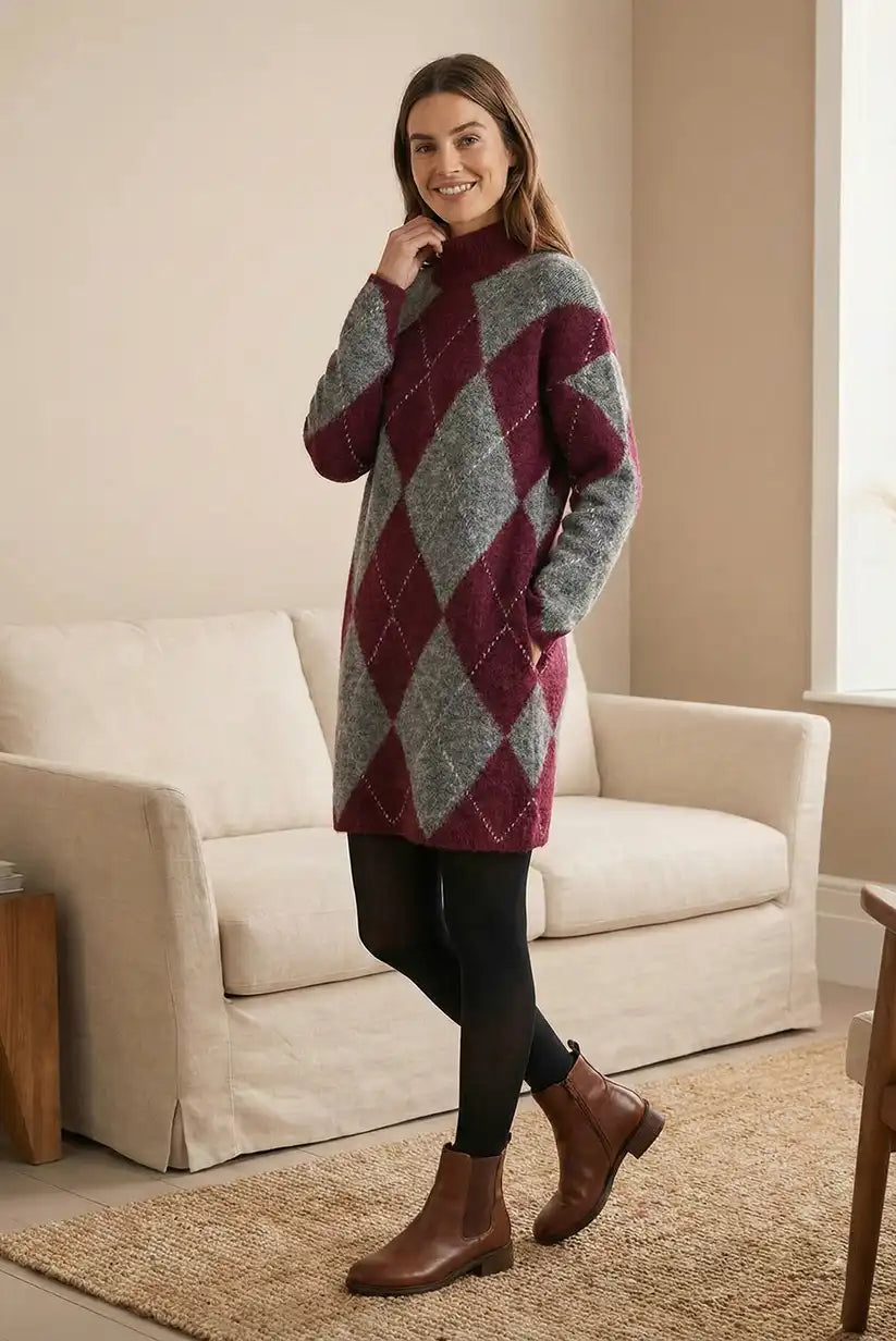 Vestido de mujer rombos burdeos y gris