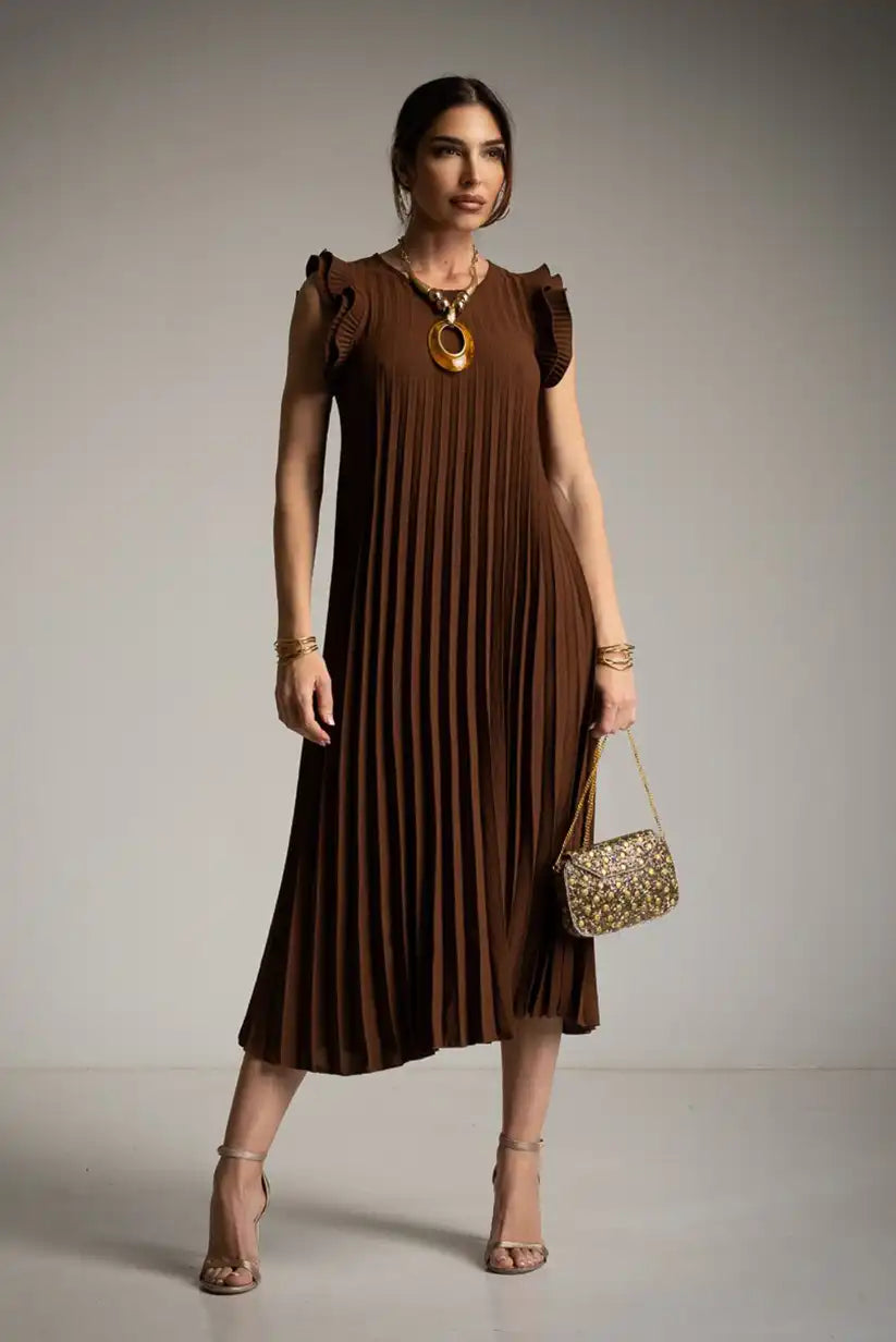 Vestido plisado marrón con volante en manga | Vestido midi elegante primavera-verano mujer - CHICA del Sur