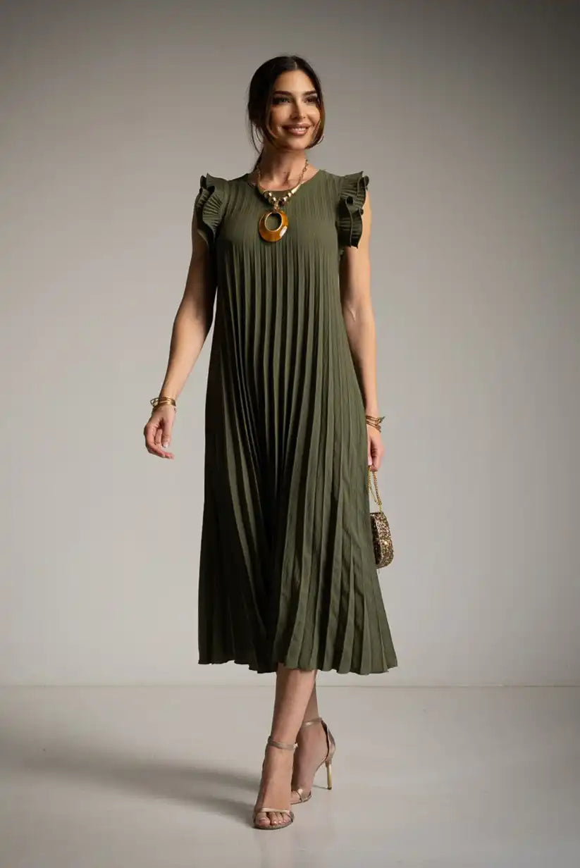 Vestido plisado verde kaki con manga rebozada – primavera verano – talla única - CHICA del Sur