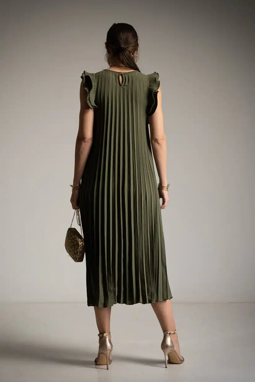 Vestido plisado verde kaki con manga rebozada – primavera verano – talla única - CHICA del Sur