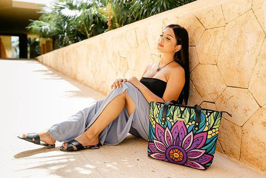 Mujer sentada al sol con bolso sostenible colorido con diseño floral, moda ecológica