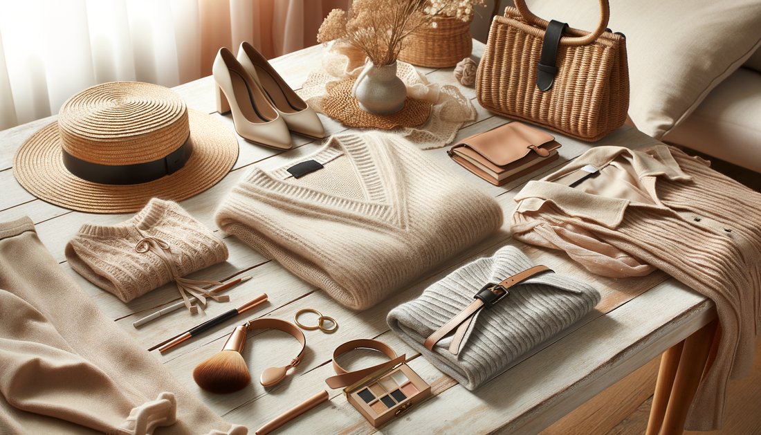 ropa y accesorios de mujer en mesa de madera con luz suave y tonos cálidos