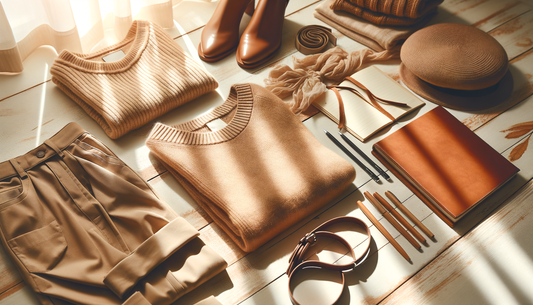 ropa y accesorios de mujer sobre mesa de madera con luz natural suave