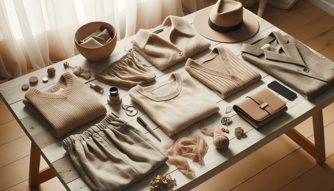 ropa y accesorios de mujer casual sobre mesa de madera con luz suave y cálida