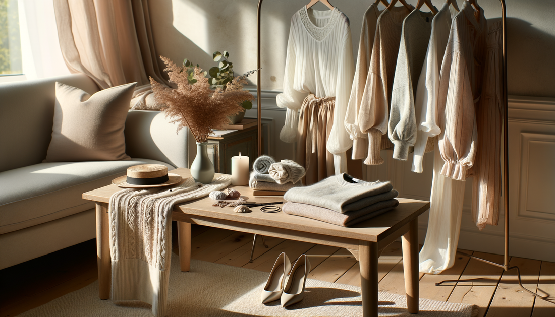 ropa y accesorios de mujer sobre mesa de madera con luz suave y tonos cálidos