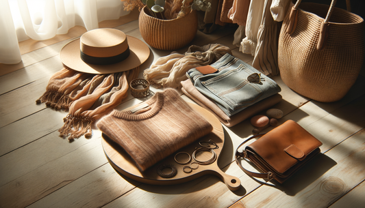 ropa y accesorios de mujer sobre mesa de madera con luz cálida y ambiente acogedor