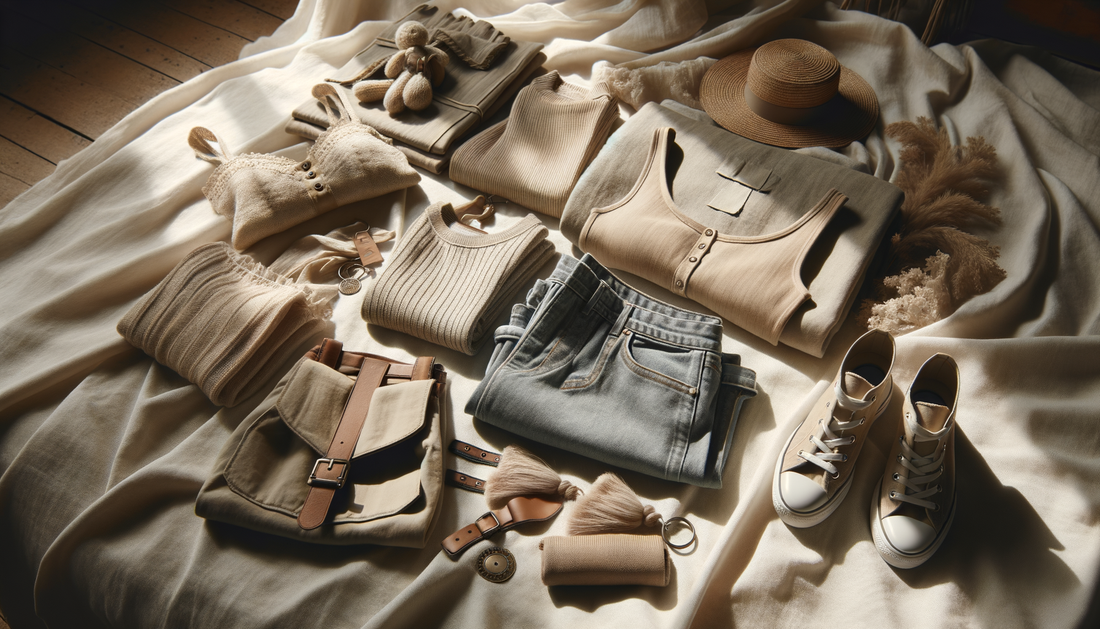 ropa y accesorios de mujer sobre fondo suave con luz cálida y estilo casual