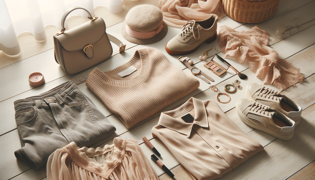 ropa y accesorios de mujer casual sobre mesa de madera con luz suave y tonos neutros