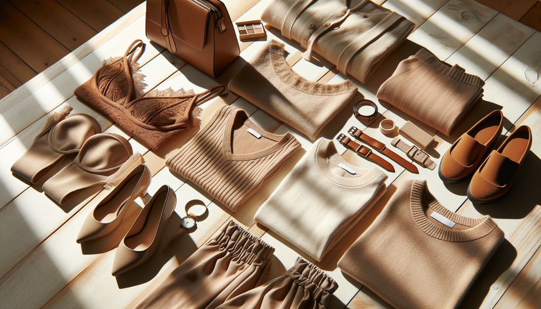 ropa y accesorios de mujer casual sobre mesa de madera con luz cálida