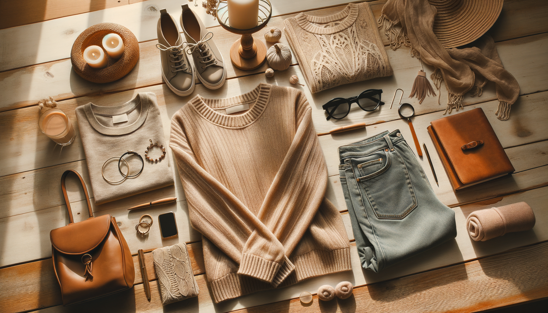 ropa y accesorios de mujer sobre mesa de madera con luz cálida y ambiente casual