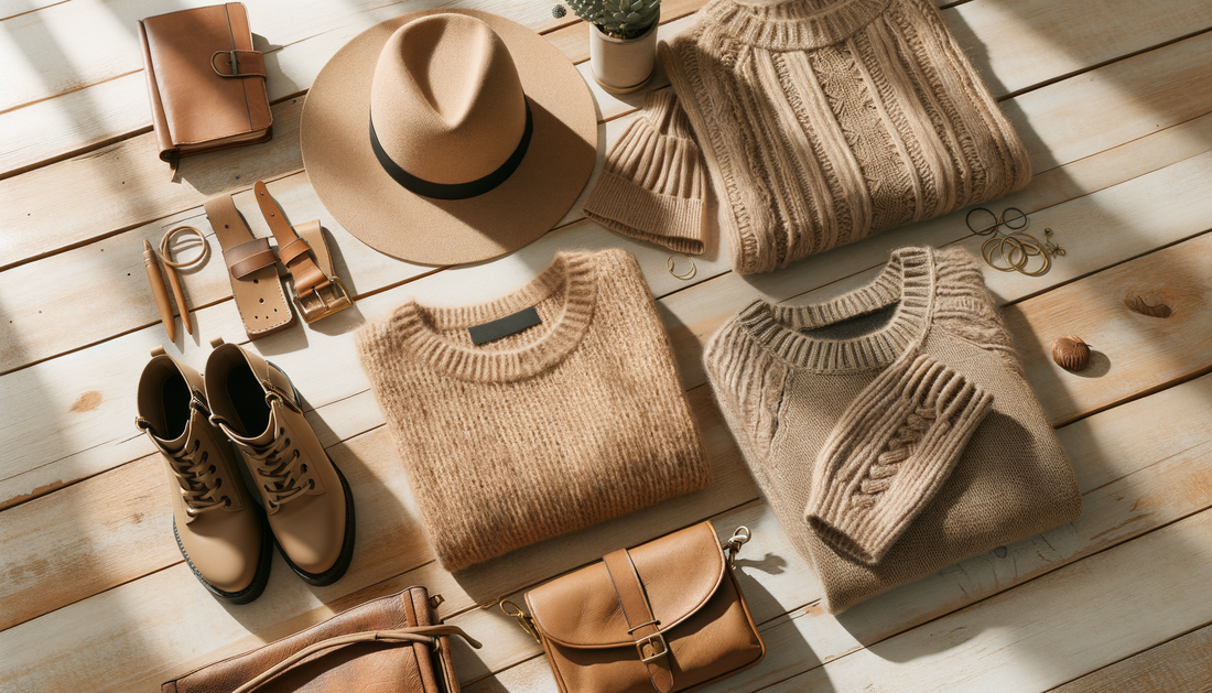 ropa y accesorios de mujer sobre mesa de madera iluminados por luz natural cálida