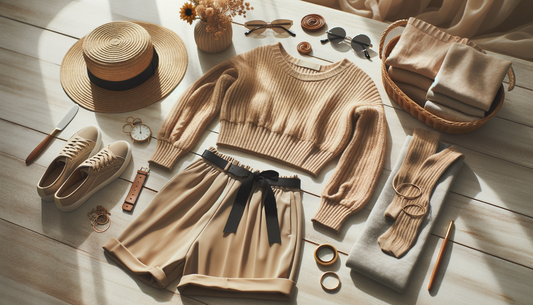 ropa y accesorios de mujer sobre mesa de madera con luz suave y ambiente cálido