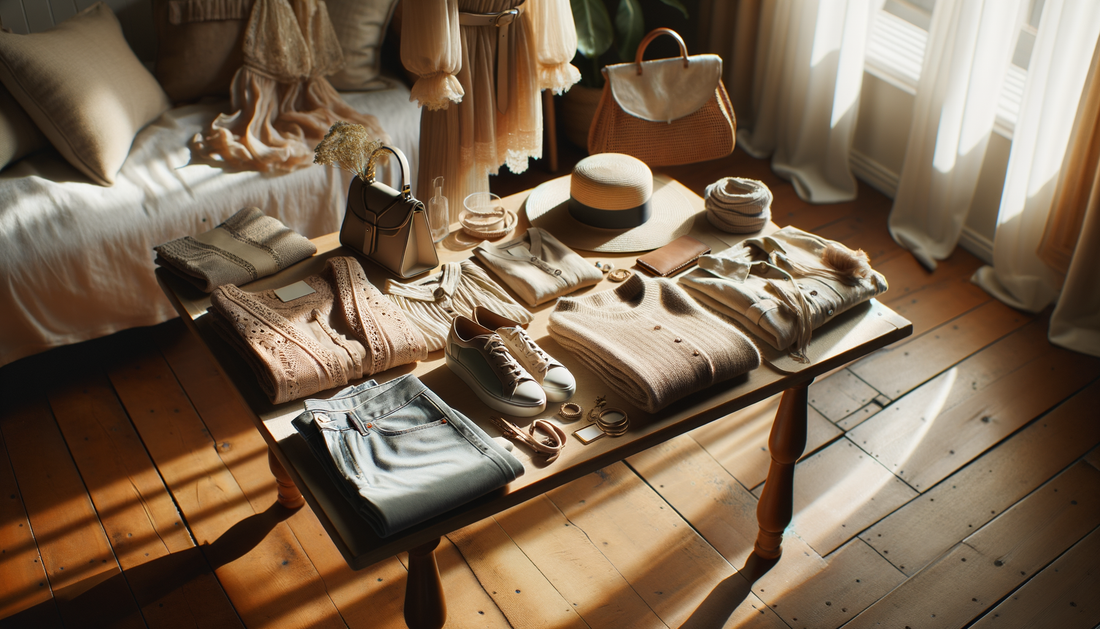 ropa y accesorios de mujer en mesa de madera iluminados por luz cálida y suave