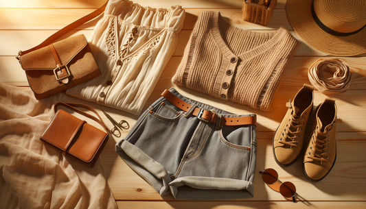 ropa y accesorios de mujer casual sobre mesa de madera con luz cálida natural