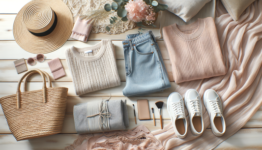 ropa y accesorios de mujer sobre mesa clara con luz suave y ambiente acogedor