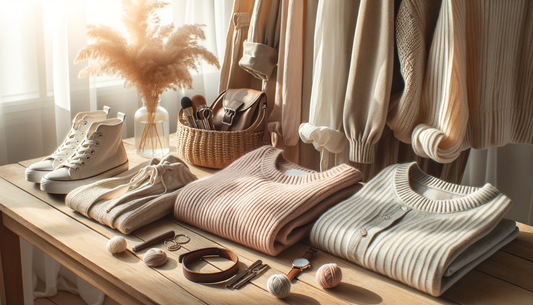 ropa y accesorios de mujer casual sobre mesa iluminada por luz natural suave