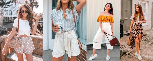 Mujeres con looks de verano 2025, usando shorts, faldas y blusas coloridas a la moda.