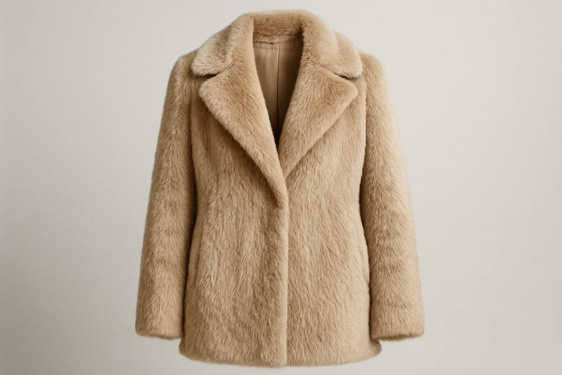 Abrigo de pelo sintético beige de mujer, elegante y moderno, fondo neutro