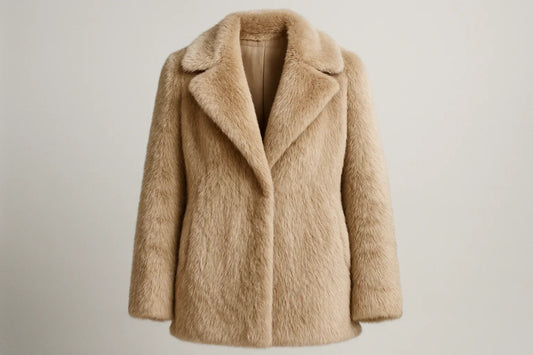 Abrigo de pelo sintético beige de mujer, elegante y moderno, fondo neutro