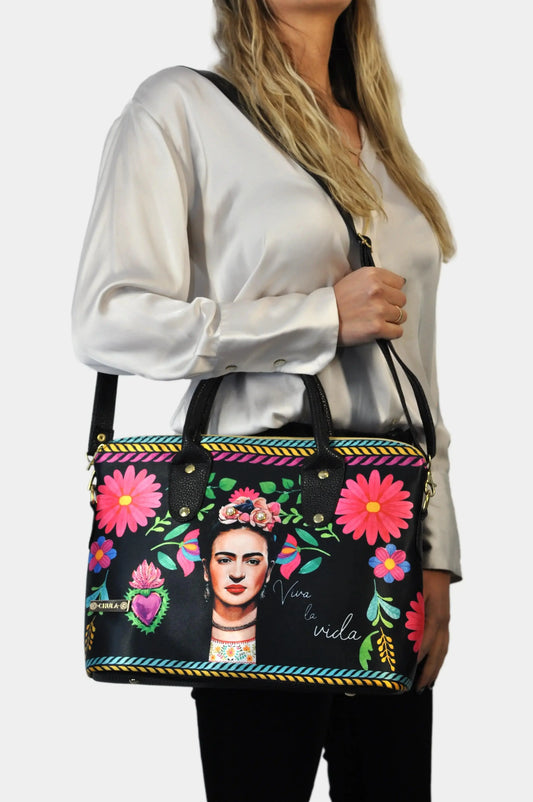Bolso bandolera grande para mujer con diseño de Frida Kahlo y flores coloridas