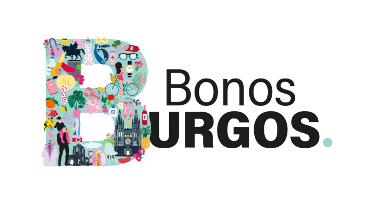Logo Bonos Burgos 2025 con letra B colorida llena de imágenes de comercios y lugares de la ciudad