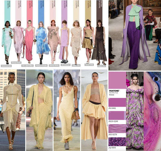 Tendencias de colores para vestidos de mujer 2025, moda pasarela, tonos pastel y lilas Pantone.