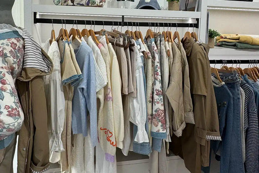 Ropa de mujer con estilo y colores neutros en perchero de tienda de moda asequible