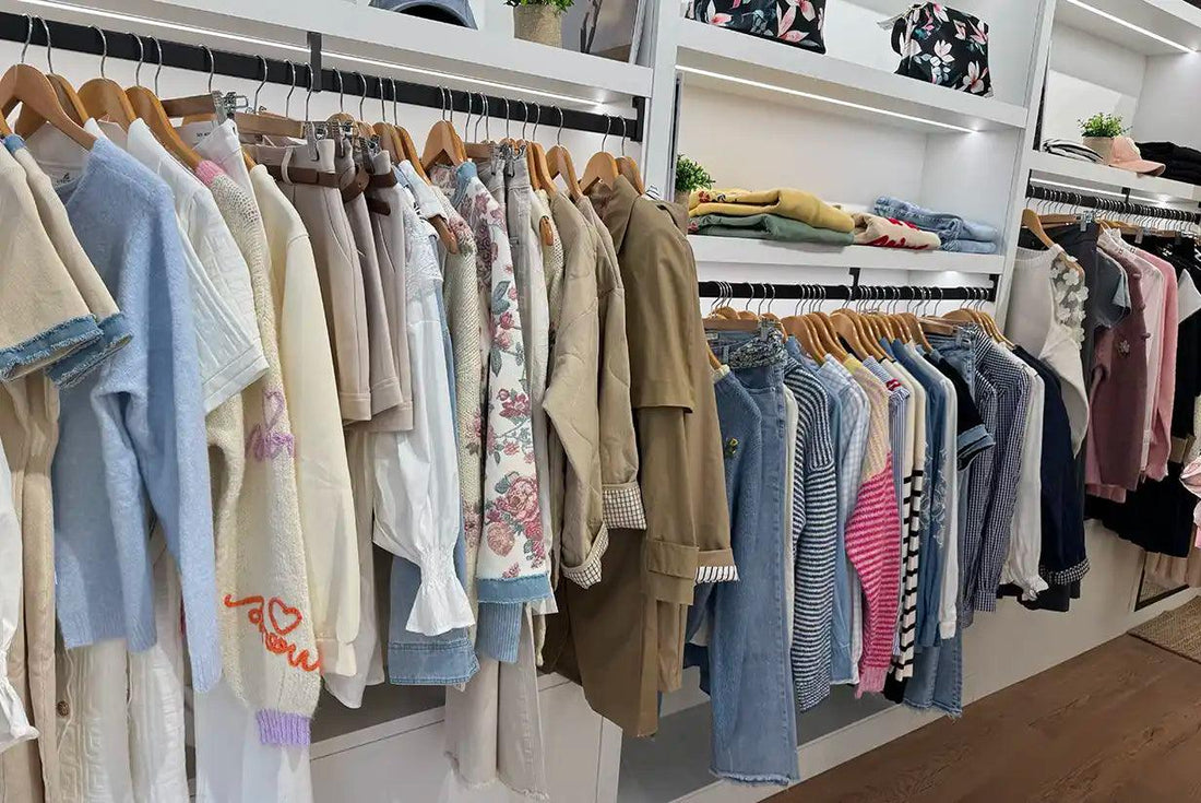 Ropa casual de mujer en perchas en tienda online, blusas, chaquetas y camisas modernas.