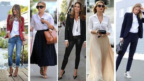 Mujeres con looks casuales 2025 usando prendas básicas como blazer, camisa blanca y jeans.