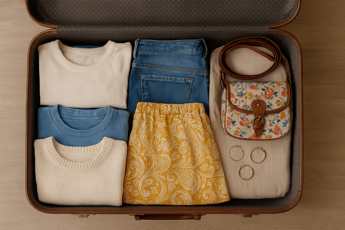 Maleta abierta con ropa ordenada, jeans, suéteres, falda amarilla, bolso floral y aretes dorados.