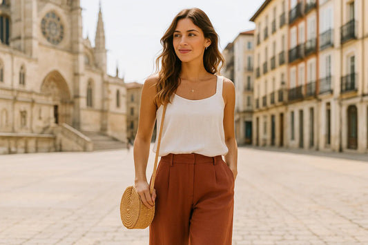Mujer con top blanco y pantalón marrón en plaza de Burgos, moda primavera verano