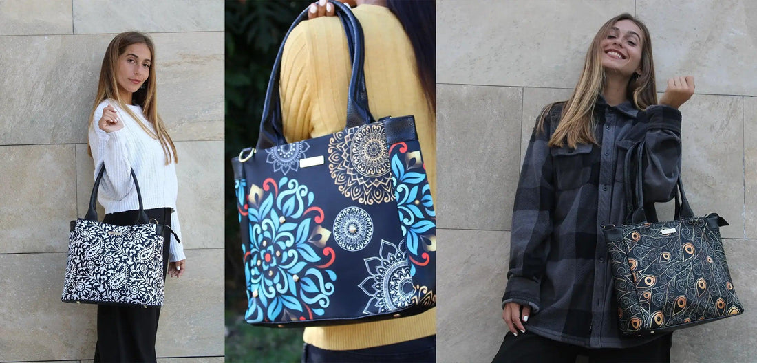 Bolsos de moda sostenible con estampados originales, modelos femeninos posando al aire libre