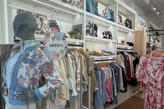Tienda de moda femenina en Burgos con maniquí, ropa floral y cartel de abierto