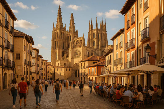 Catedral de Burgos al atardecer, con turistas y terrazas en una calle céntrica.