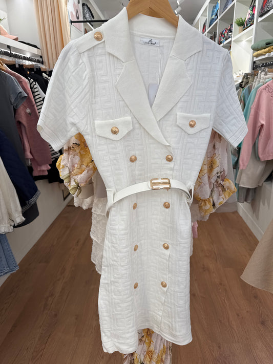 Vestido punto Blanco doble botonadura con textura y cinturón
