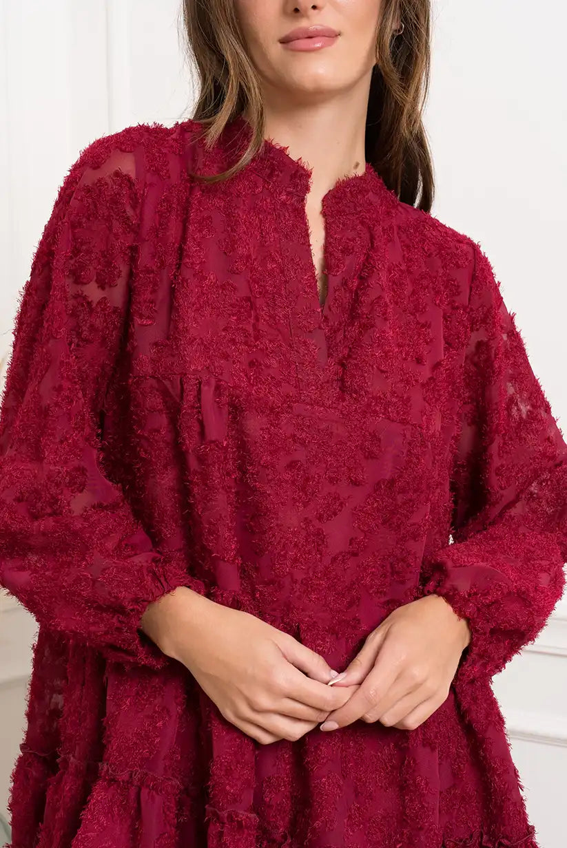 Vestido corto burdeos con textura – Talla Única - CHICA del Sur