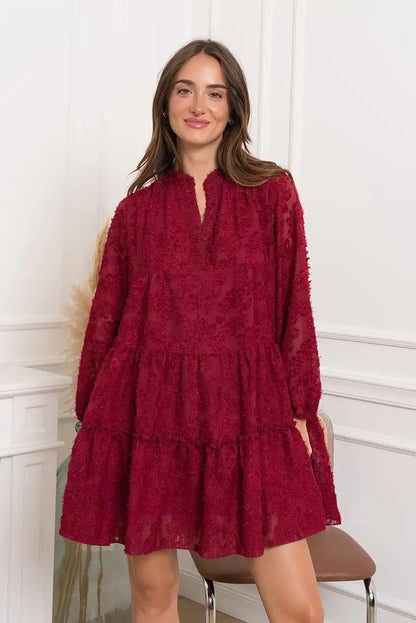 Vestido corto burdeos con textura – Talla Única - CHICA del Sur