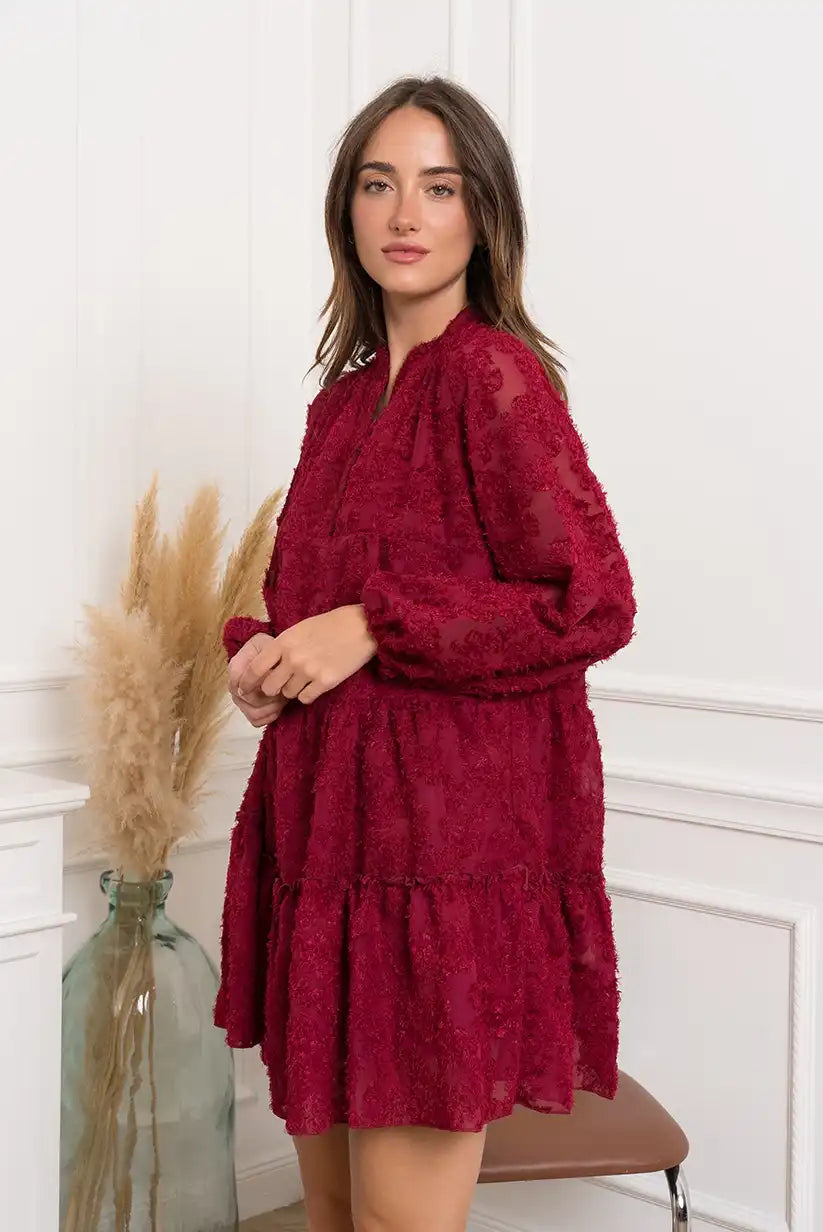 Vestido corto burdeos con textura – Talla Única - CHICA del Sur