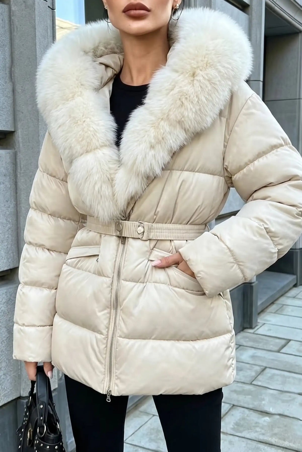 Chaqueta acolchada beige para mujer con cuello de piel sintética y cinturón ajustable