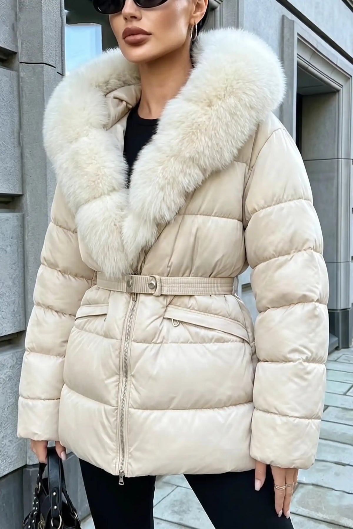 Mujer vistiendo chaqueta acolchada color crema con cuello de piel sintética y cinturón
