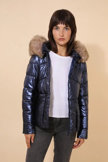 Abrigo corto mujer azul marino metalizado con capucha cálido - CHICA del Sur
