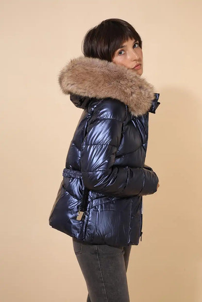 Abrigo corto mujer azul marino metalizado con capucha cálido - CHICA del Sur